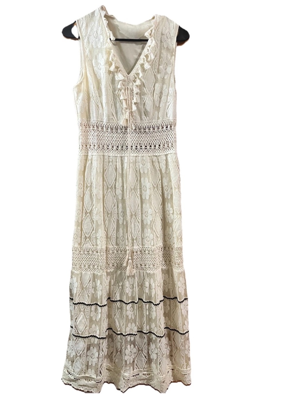 Cream Crocheted M Lace Maxi Dress Boho Festival Tassel  V Neck Beach Cottagecore